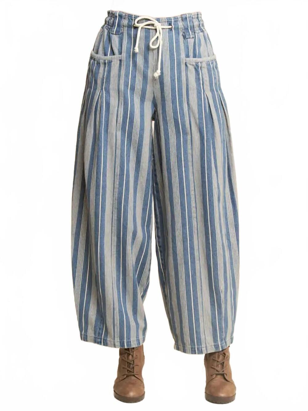 NEW DAVI & DANI striped elastic jean pants in washed denim